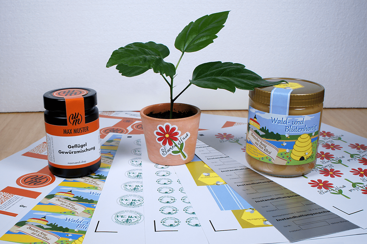 Beispiele von Aufklebern und Etiketten in verschiedenen Formen